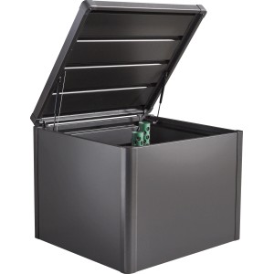Biohort Komposter MonAmi, dunkelgrau, mit geöffnetem Deckel und Belüftungsrohren.