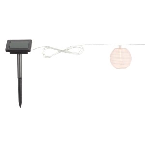 Solar-Lichterkette Fombio mit weißen Lampions und Solarpanel mit Erdspieß.