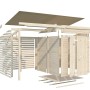 Explosionszeichnung Palmako Gerätehaus Leif, naturbelassen, Holz-Gartenhaus mit Doppeltür und offenem Bereich.