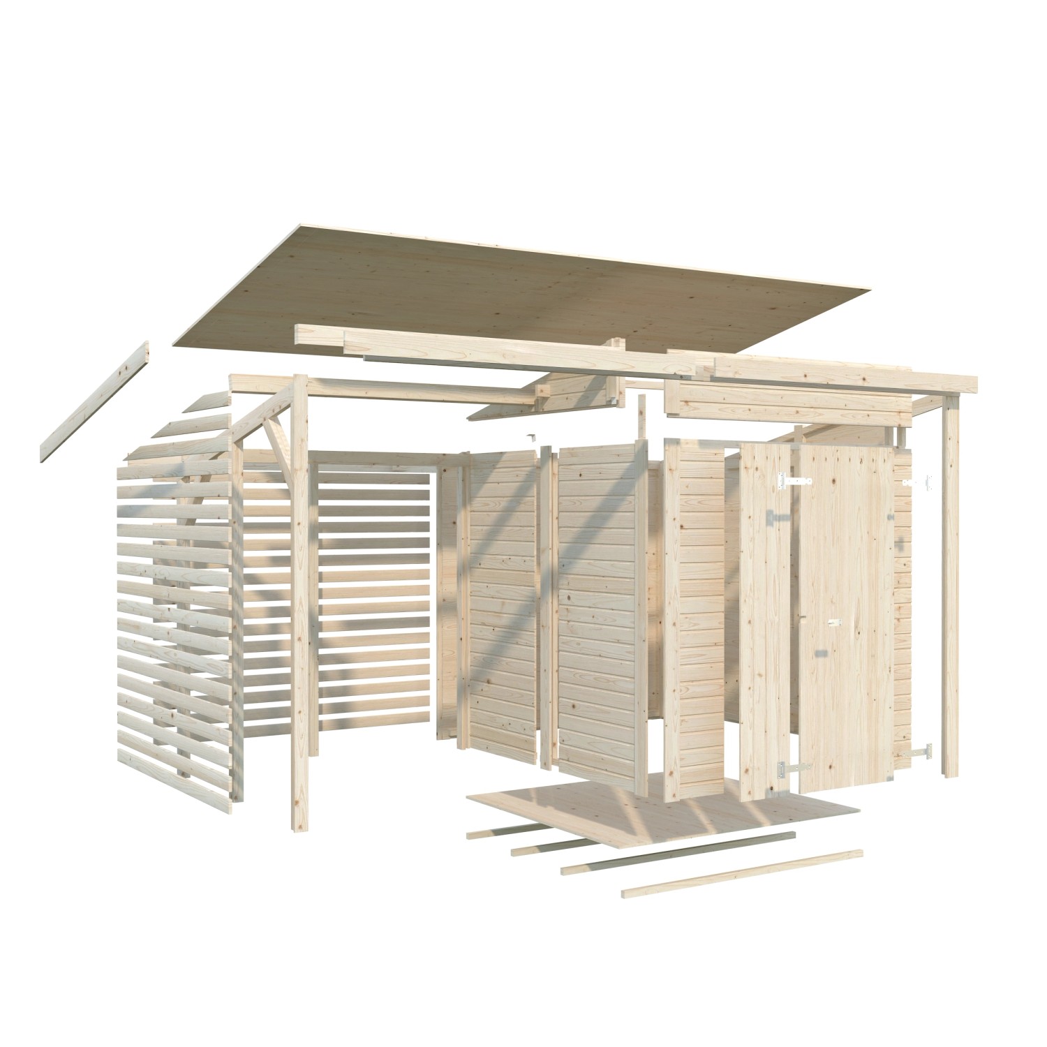 Explosionszeichnung Palmako Gerätehaus Leif, naturbelassen, Holz-Gartenhaus mit Doppeltür und offenem Bereich.