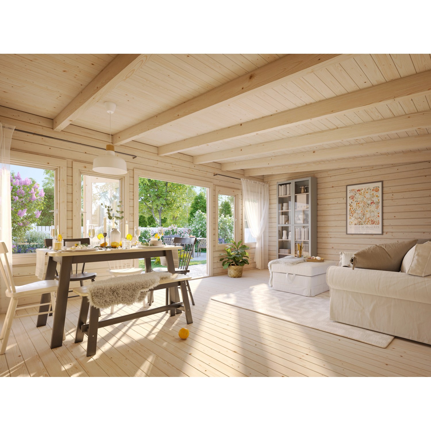 Innenansicht: Hellgrau-anthrazit lackiertes Palmako Gartenhaus Lisa mit Möbeln.