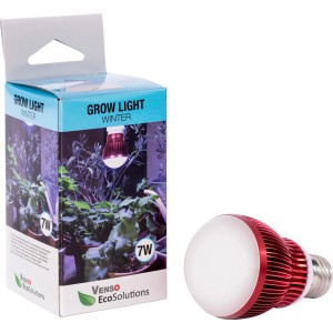Parus LED-Pflanzenlampe Winter 7W E27 mit rotem Kühlkörper und Verpackung für Pflanzenanzucht.