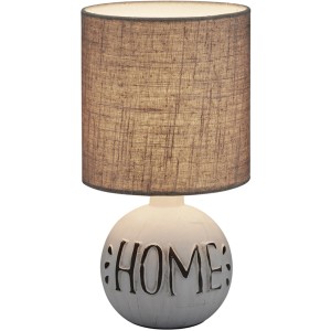 Weiße Tischleuchte Esna mit Stoffschirm und HOME-Dekor, ideal als Design-Tischlampe.