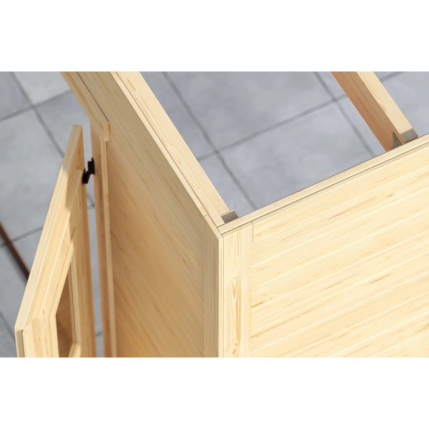 Detailansicht Weka Gartenhaus Batu mit Doppeltür, Holzstruktur sichtbar.