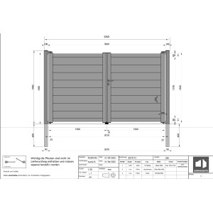 Technische Zeichnung: Gardengate Doppeltor Amares, 306 cm breit, Anthrazit. Maße und Details.