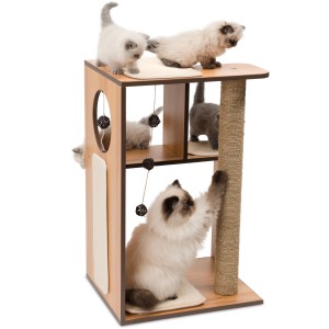 Vesper Kratzbaum Box Large Walnuss mit Katzen, Kratzstamm, Liegeflächen und Spielzeug.