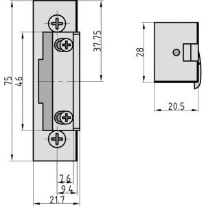 Technisches Diagramm Basi ElektroTüröffner ET 90. Maße und symmetrische Bauweise für 6-12 Volt.