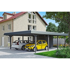 Skan Holz Doppelcarport Wendland in Schiefergrau mit Anbau und zwei geparkten Autos.