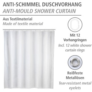 Weißer Wenko Anti-Schimmel Duschvorhang aus Polyester, 120x200 cm, mit 12 Ringen.