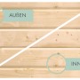 Detailaufnahme: Innen- und Außenansicht der unbehandelten Holz-Wandpaneele vom Karibu Gartenhaus Glostrup.