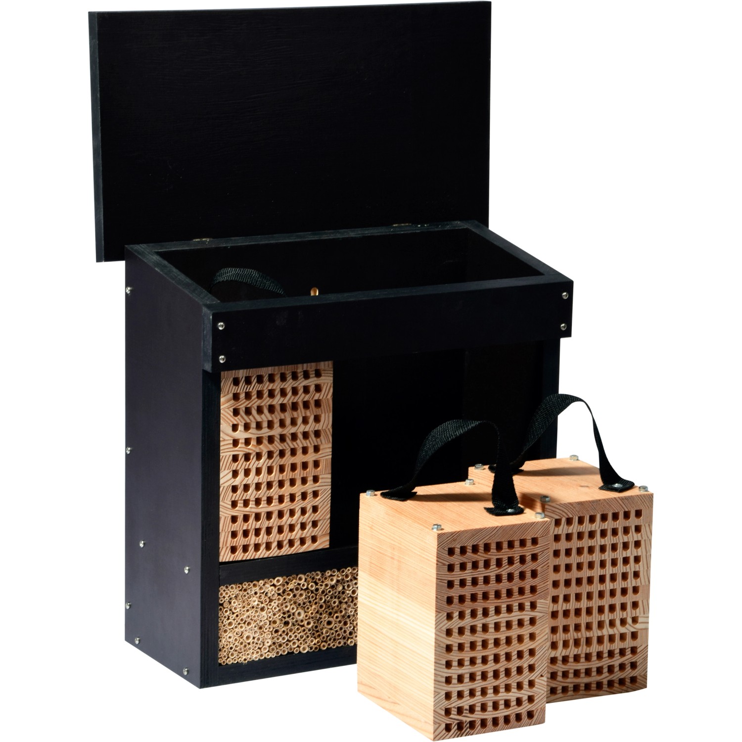 Dobar Profi-Insektenhotel XL mit Pfahlständer und 3 Lärchen-Nistblöcken. Insektenhaus für Nützlinge.