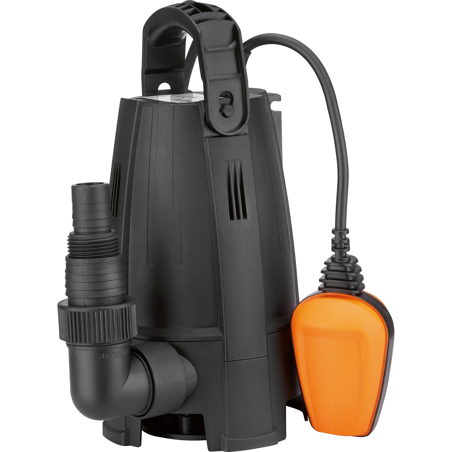 Schmutzwasserpumpe B-TPS 9000, 400 W, mit Schwimmerschalter und schwarzem Gehäuse.