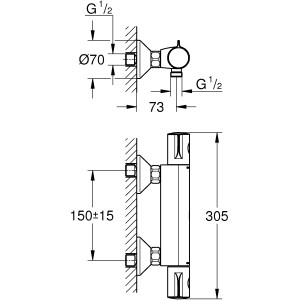Technische Zeichnung Grohe Grohtherm 800 Thermostat-Brausebatterie mit Maßangaben.