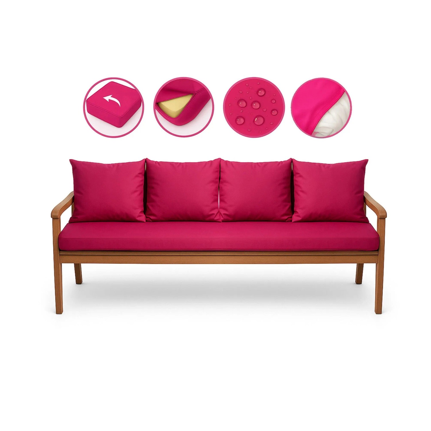 Rosefarbenes Bankkissen-Set für 3-Sitzer Gartenbank, bestehend aus Sitz- und Rückenkissen.