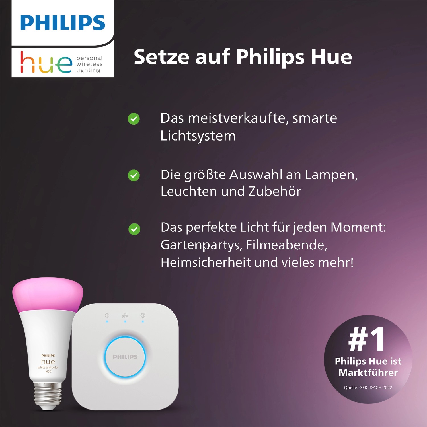 Philips Hue 2er-Pack: E27 LED-Lampe mit White Ambiance und Bridge für smarte Lichtsteuerung.
