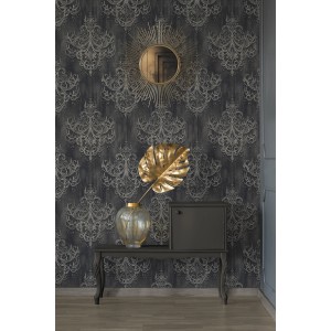 Vliestapete Barock Kronleuchter grau/schwarz mit Einrichtung.