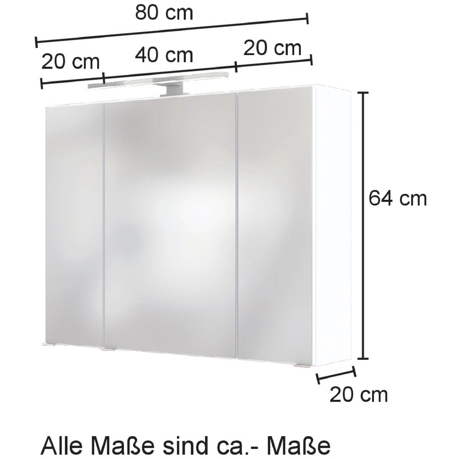 Weißer Held Möbel 3D-Spiegelschrank Salerno, 80 cm breit, mit LED-Aufsatzleuchte.
