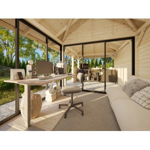 Innenansicht: Palmako Pavillon Bianca Set 207 als Büro mit Schiebetüren und weißer Lackierung.