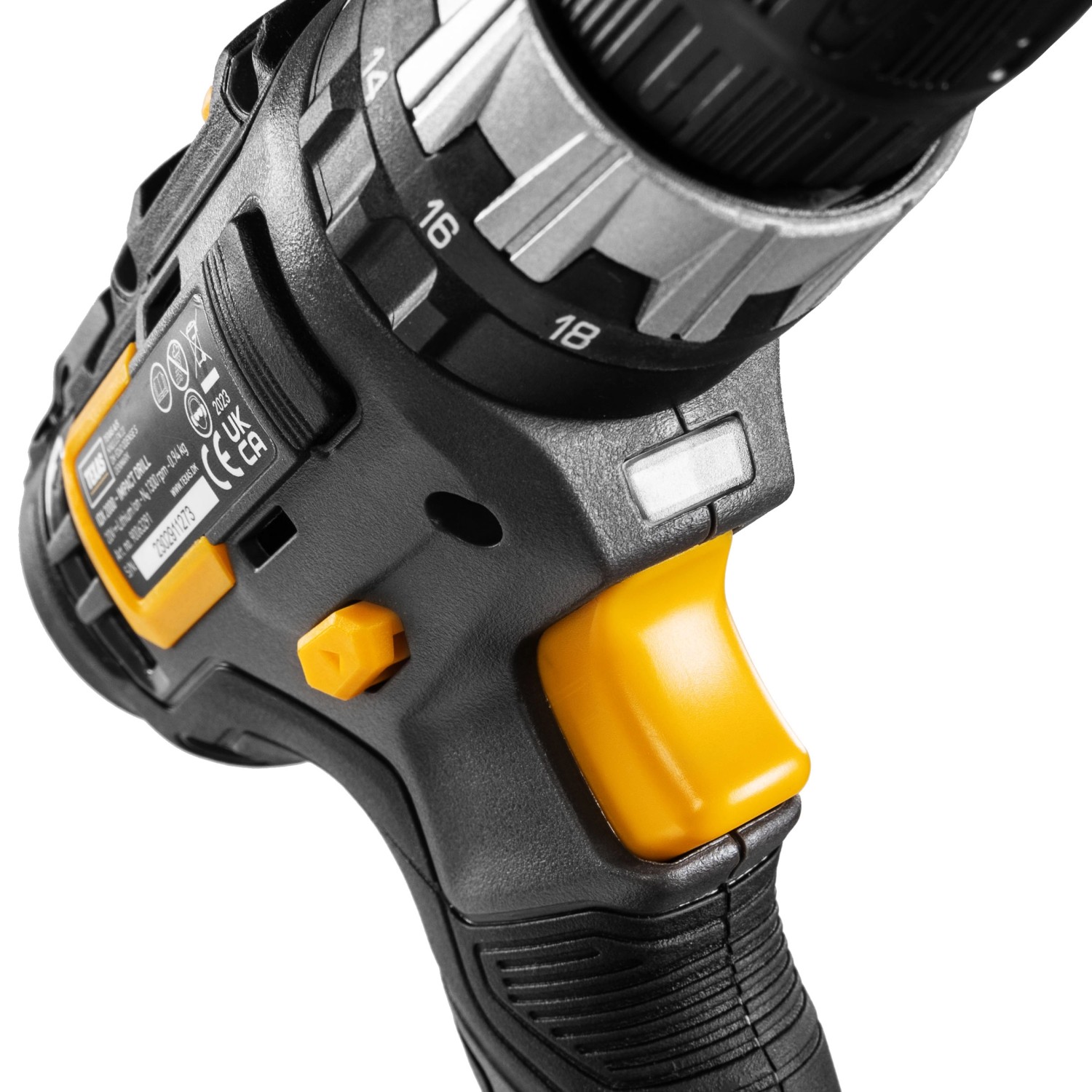 Detailaufnahme: Texas 20V Schlagbohrmaschine IDX2000, ein Akkuschrauber mit gelben Akzenten.