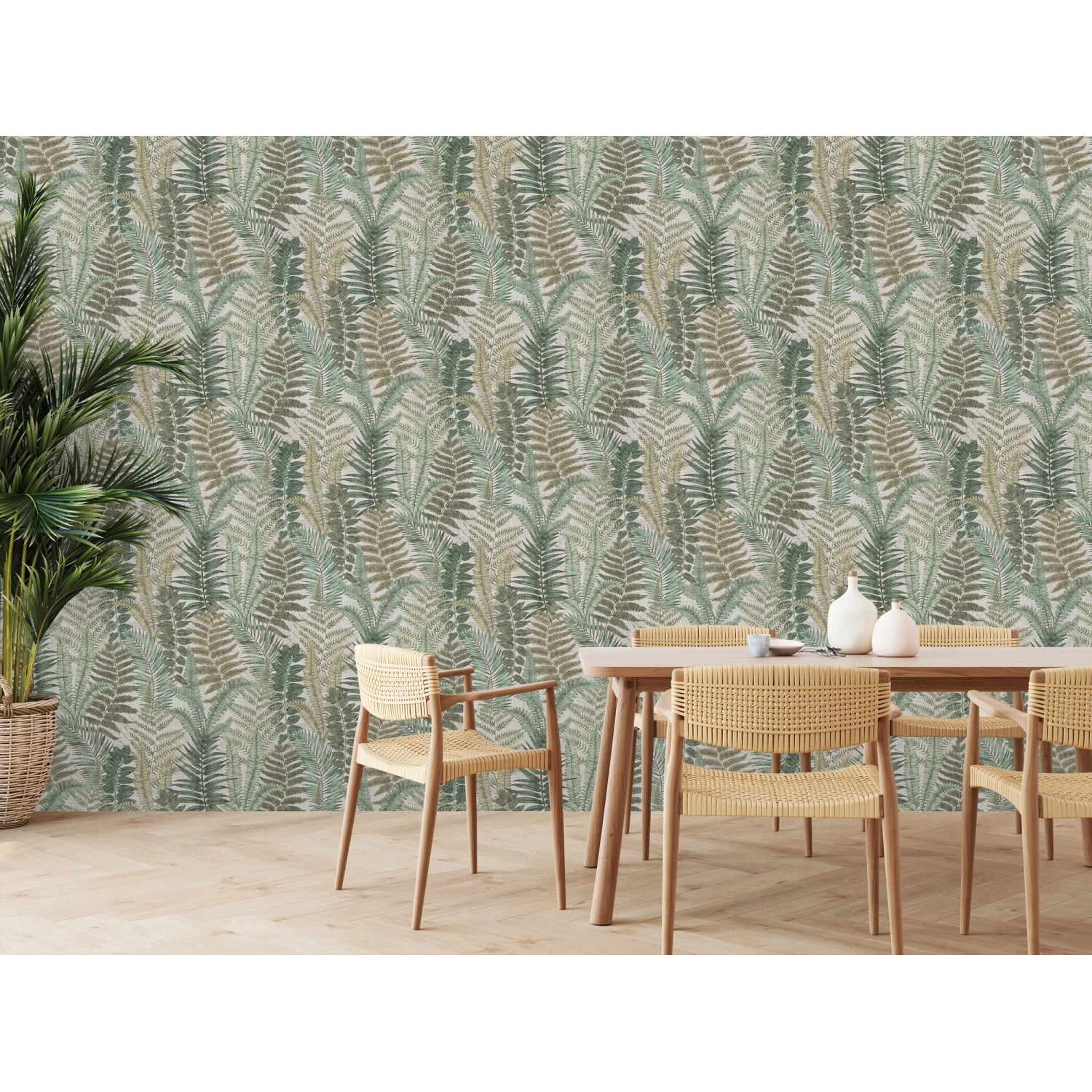 A.S. Creation Vliestapete mit Blättermuster in Grün- und Brauntönen im Esszimmer.