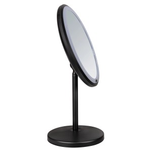 Schwarzer Wenko LED Stand-Kosmetikspiegel Onno mit runder Spiegelfläche und stabilem Standfuß.