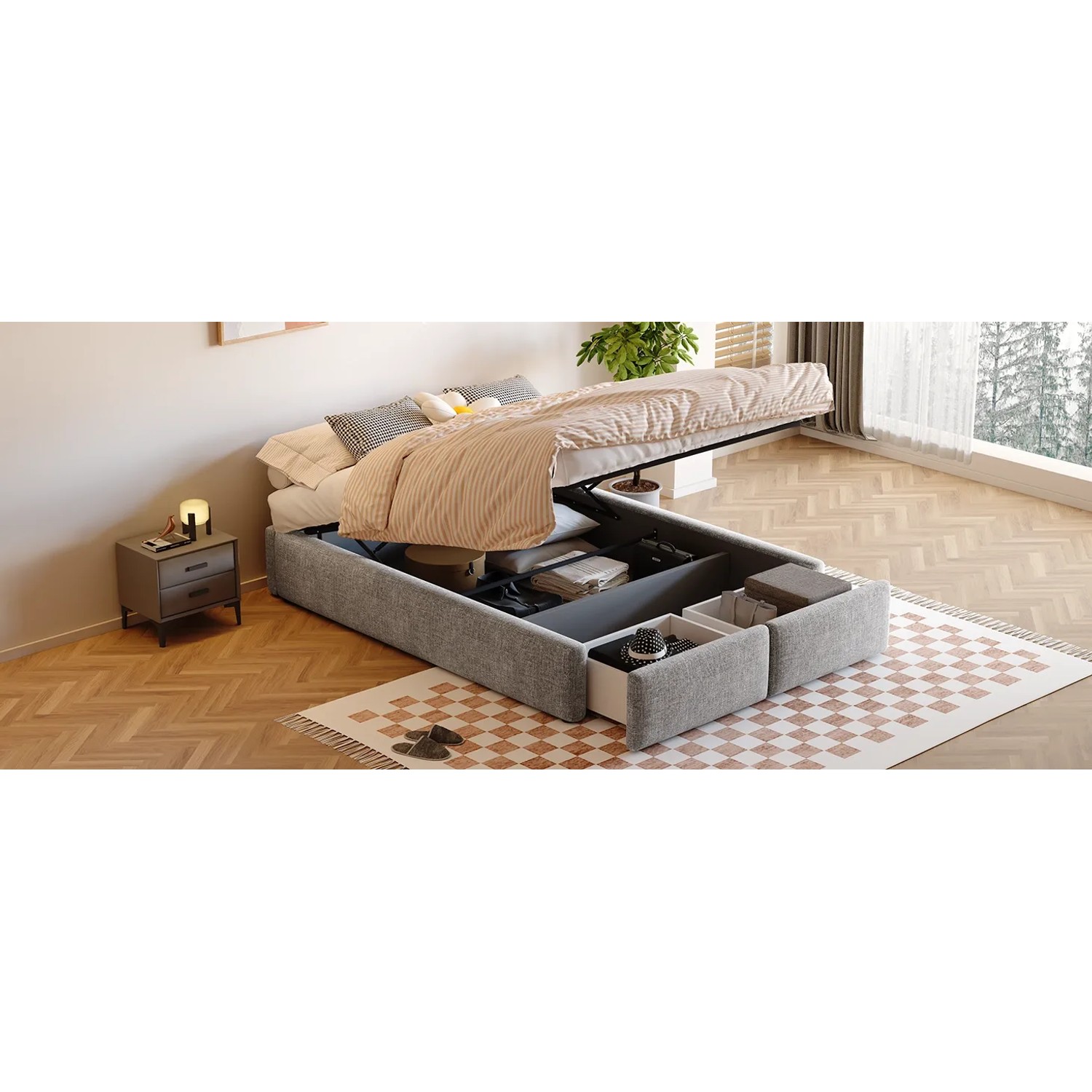 okwish Polsterbett 140x200cm mit Hydraulischem Stauraum Schlafzimmer Grau ohne Matratze_8