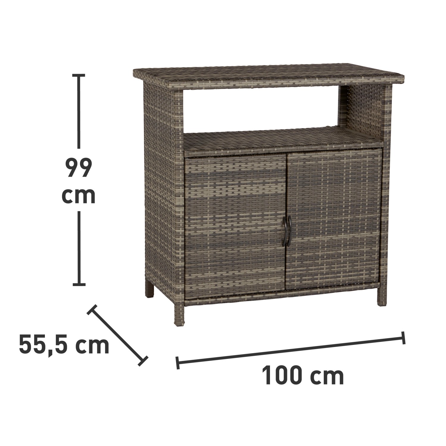 Outdoor-Schrank Vermont aus Polyrattan, Gartenschrank mit zwei Türen und Ablagefläche.