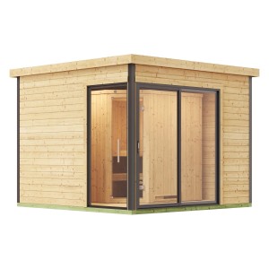 Modernes Design-Saunahaus 412 Sparset mit Glasschiebetür und Saunaofen BioS 7,5 kW Natur.