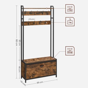Vasagle Garderobenständer mit Sitzbank, braun-schwarz, 180cm hoch. Regal mit Haken und Schuhschrank.