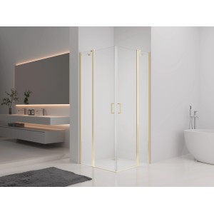 Eck-Duschkabine baliv DUK-90.52E, 90x90 cm, mit goldenem Rahmen und klarem Sicherheitsglas.