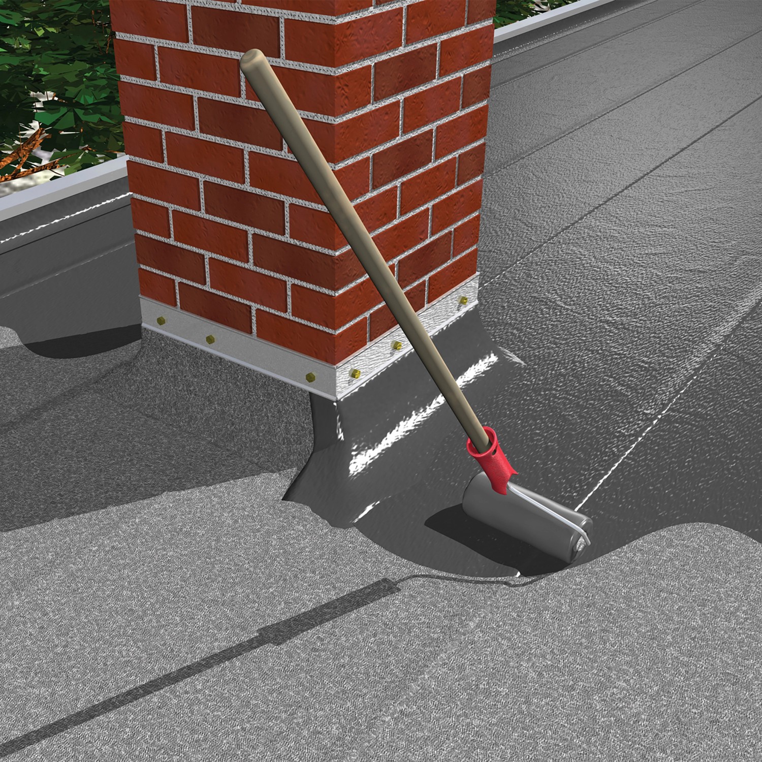 Anwendung von MEM Water Stop Bauabdichtung am Schornstein mit Farbrolle.