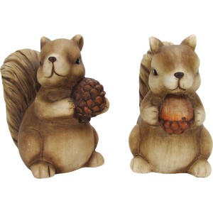 Dekorative Eichhörnchen Figuren, 2-fach sortiert, aus Keramik, je mit Nuss oder Tannenzapfen, ca. 10 cm hoch.