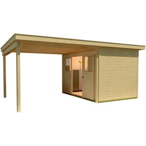Unbehandeltes Weka Holz-Gartenhaus mit Flachdach und Anbau. Naturholz, 500x-- cm.