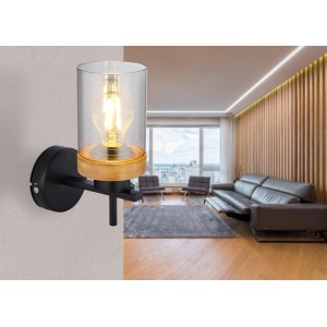 Moderne Wandlampe Finca von Globo, schwarz matt mit Rauchglas und Holzelementen.