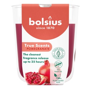Bolsius Duftkerze True Scents Granatapfel im Glas, rot. Kleine Ausführung mit Granatapfel-Motiv.