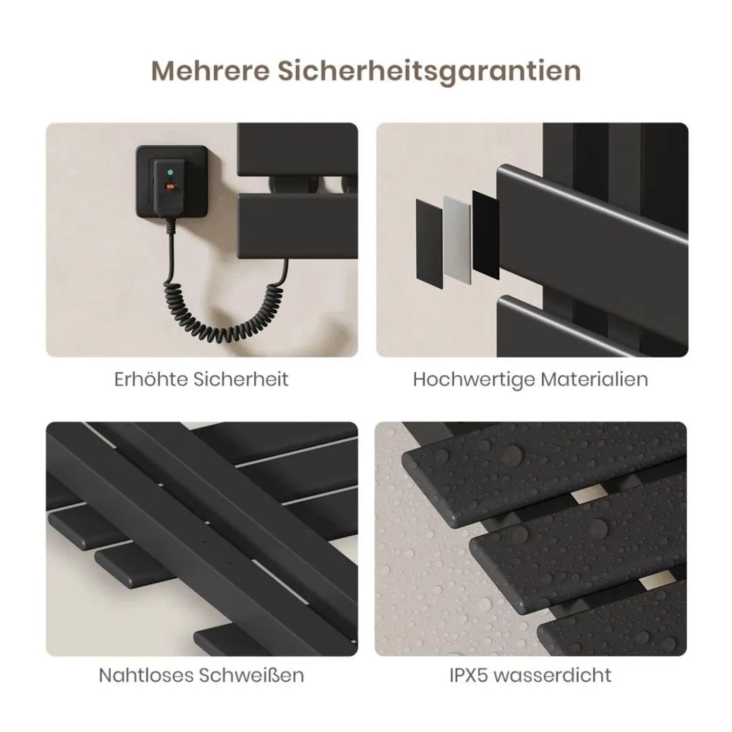 Emke Elektrischer Handtuchhalter in Schwarz: Sicherheitsstecker, robuste Stahlmaterialien, nahtloses Schweißen, IPX5 wasserdicht.