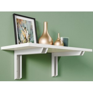 Weisse Schwerlastkonsole 20x30 cm mit Regalbrett an grüner Wand. Regale & Regalböden.