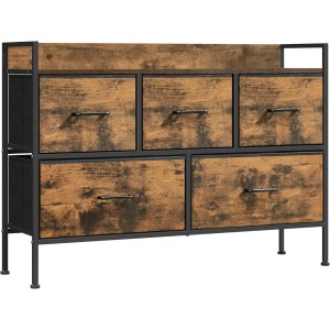 Songmics Kommode im Vintage-Stil, braun-schwarz, mit 5 Schubladen. Ideal für Wohnzimmer und Schlafzimmer.