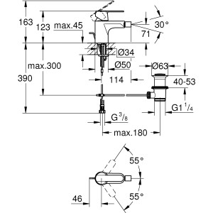 Technische Zeichnung der Grohe QuickFix Bidetarmatur Get mit Maßangaben.
