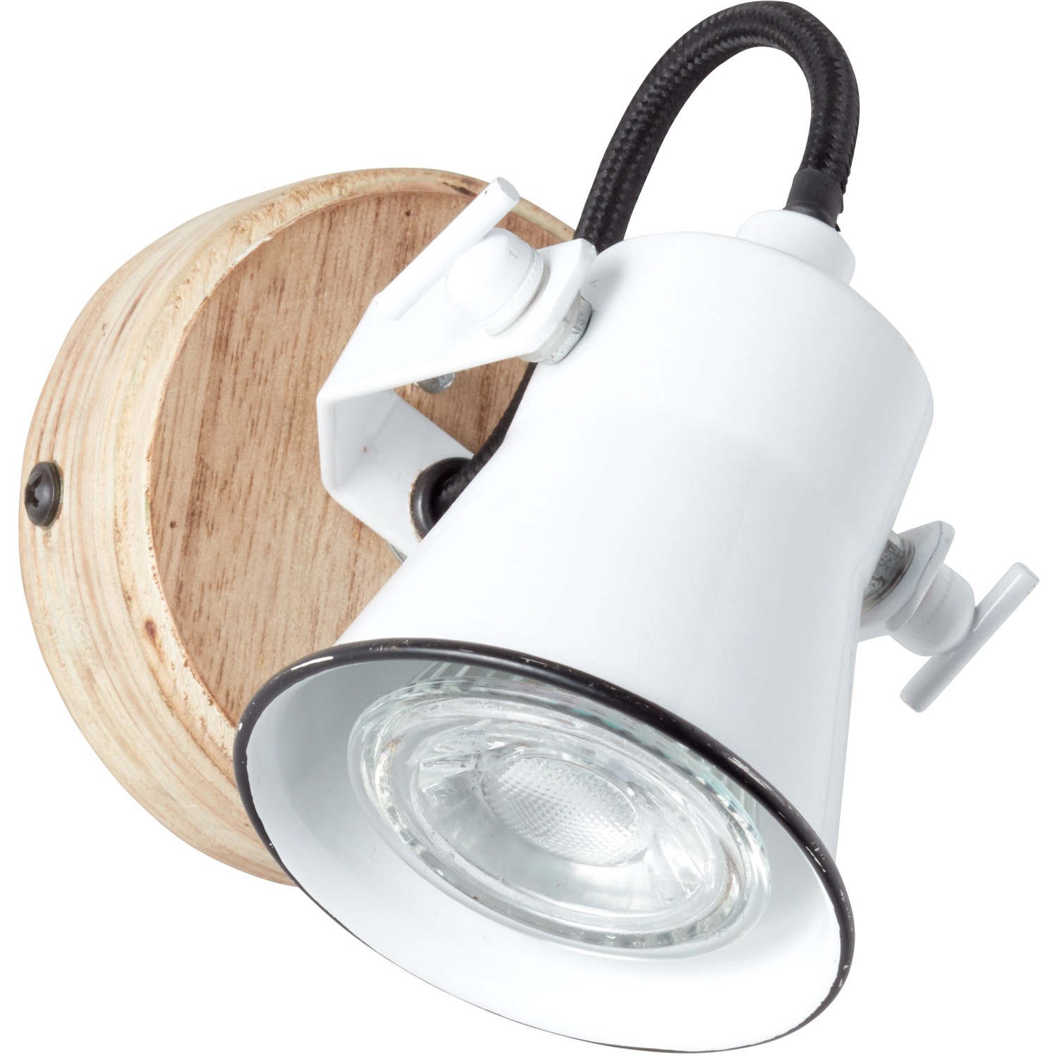 Weiße Brilliant Wandlampe Seed mit Holzdetails, GU10 Fassung, schwenkbar.