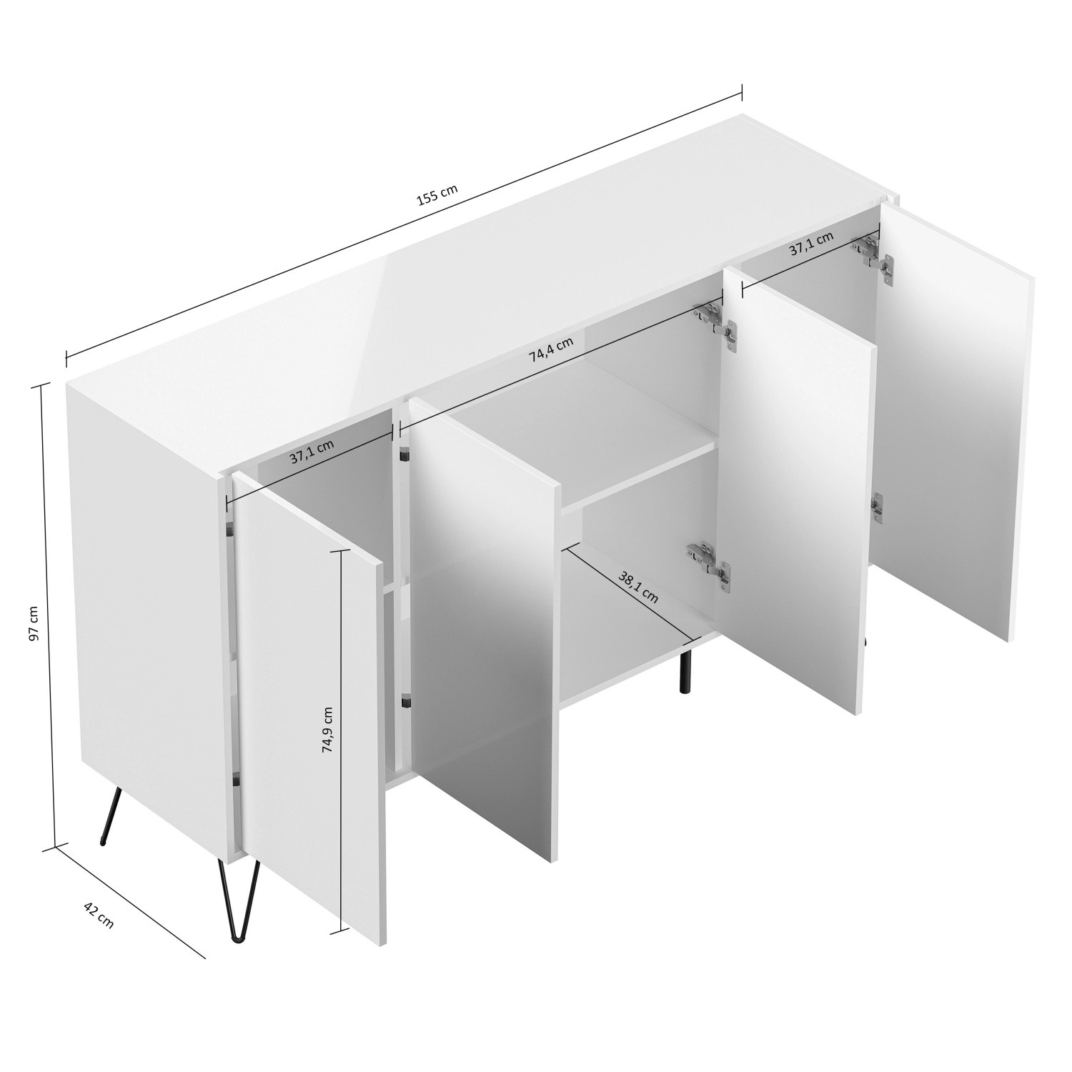 Weißes Posseik Sideboard Industrial mit 4 Türen und Schubladen, 155 cm breit.