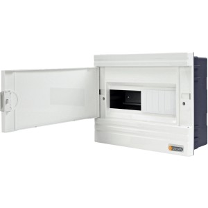 Weißer Kleinverteiler Unterputz, 1-reihig, 12 TE, mit geöffneter Tür.