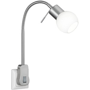 Trio Strahler Fred, Nickel matt, eine Steckdosenlampe mit flexiblem Arm und weißem Lampenschirm.