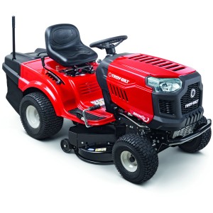 Roter Troy-Bilt Rasentraktor Bronco 92T-R mit Heckauswurf und Grasfangkorb.