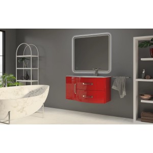 Hochglanz roter Seitenschrank (34 cm) mit Waschbecken im modernen Bad.