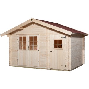 Weka Holz-Gartenhaus Brixen mit Satteldach, naturbelassen, mit Doppeltür und Einzeltür.