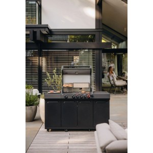 Enders Gasgrill Uniq 4 IK Kitchen Cruster Shadow, schwarzer Grill mit Oberhitze und Unterschränken.