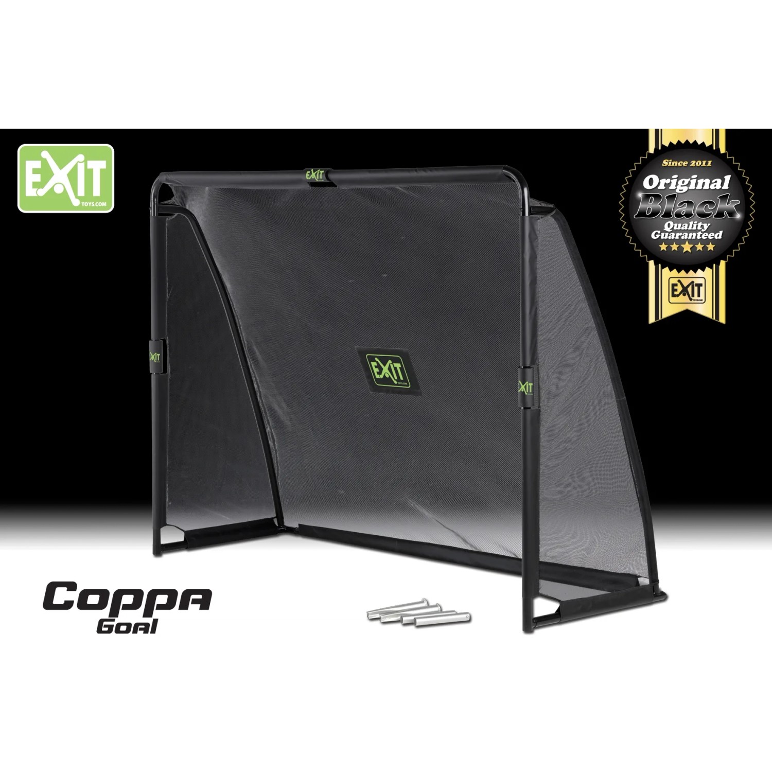 Schwarzes EXIT Coppa Fußballtor aus Stahl, 220x170cm, mit Netz und Bodenanker.