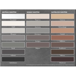 Farbmusterkarte für Knauf Sanitär-Silikon in verschiedenen Farben: Weiß, Grau, Braun und Beige.