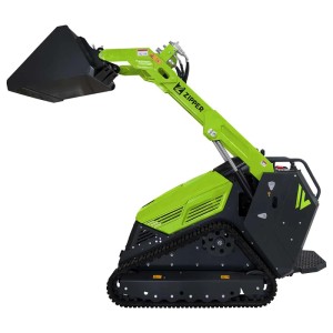 Zipper Minikompaktlader ZI-MKL1450 in Grün-Schwarz mit Schaufel und Kettenfahrwerk für Bauarbeiten.
